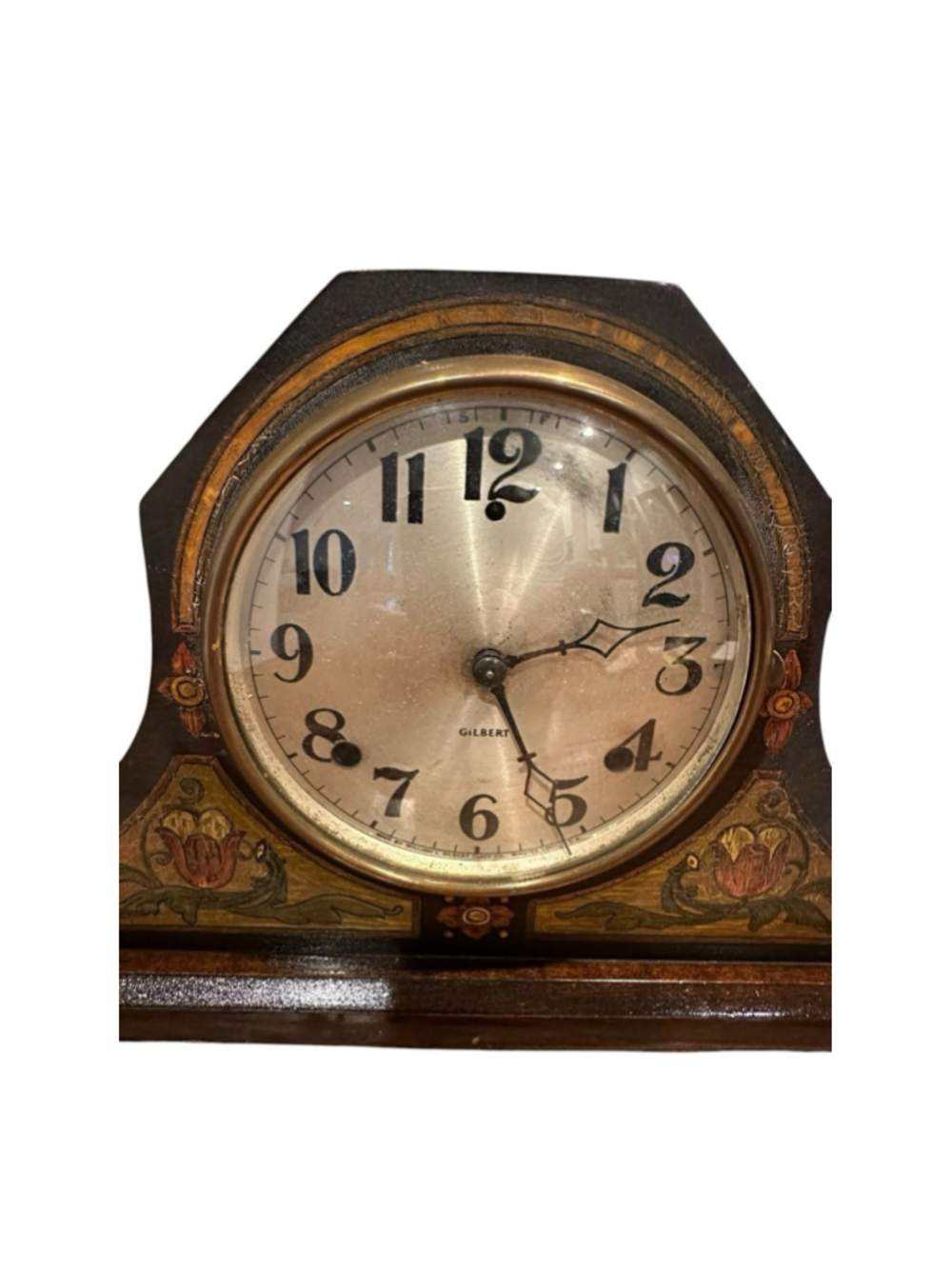 Antique Gilbert Mantel Clock Wooden Case Floral Art Deco Shelf Clock - Picture 2 of 5
